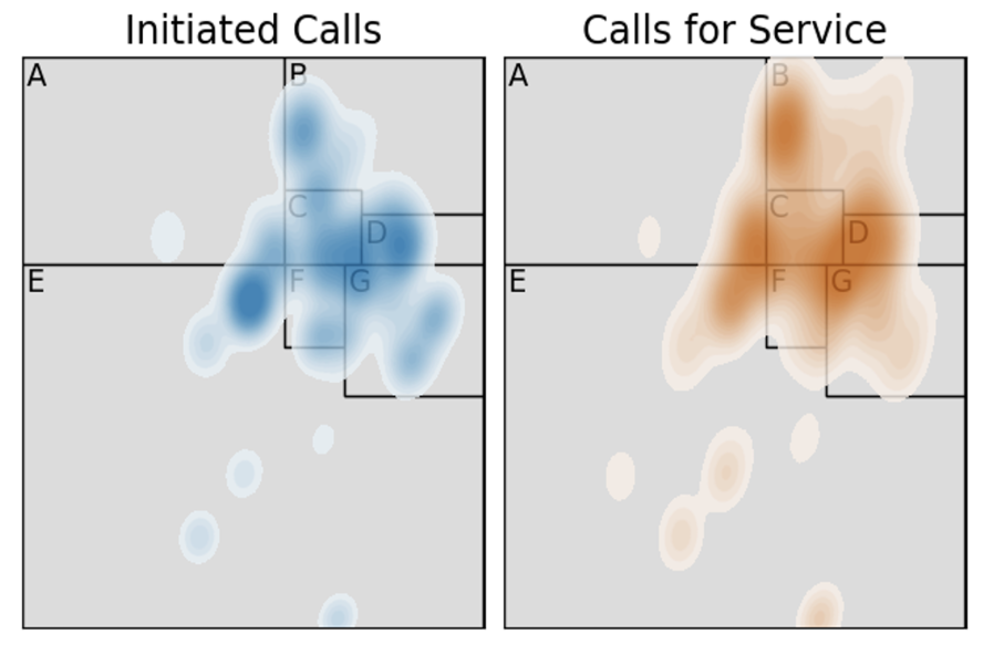 researchsocial-Police-calls-comparison-model. Two plots side-by-side that show location and density of initiated calls and service calls