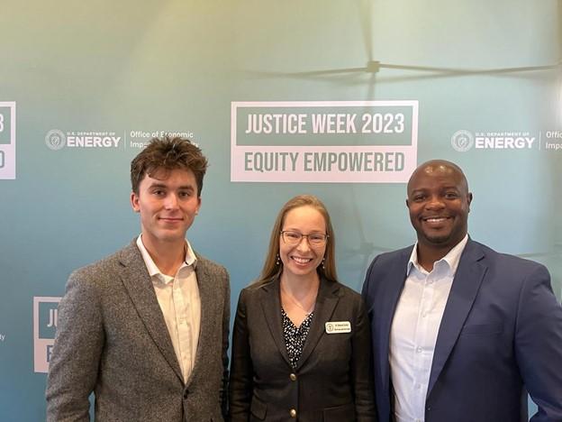 Seegars and Mogollan at Justice Week with Dr. Deborah Sunter, Senior Advisor of Energy Justice Policy and Analysis and one of the sprint leaders. Currently on academic leave, Dr. Sunter is also an Assistant Professor in the Department of Civil and Environmental Engineering at Tufts.