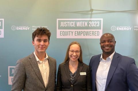 Seegars and Mogollan at Justice Week with Dr. Deborah Sunter, Senior Advisor of Energy Justice Policy and Analysis and one of the sprint leaders. Currently on academic leave, Dr. Sunter is also an Assistant Professor in the Department of Civil and Environmental Engineering at Tufts.